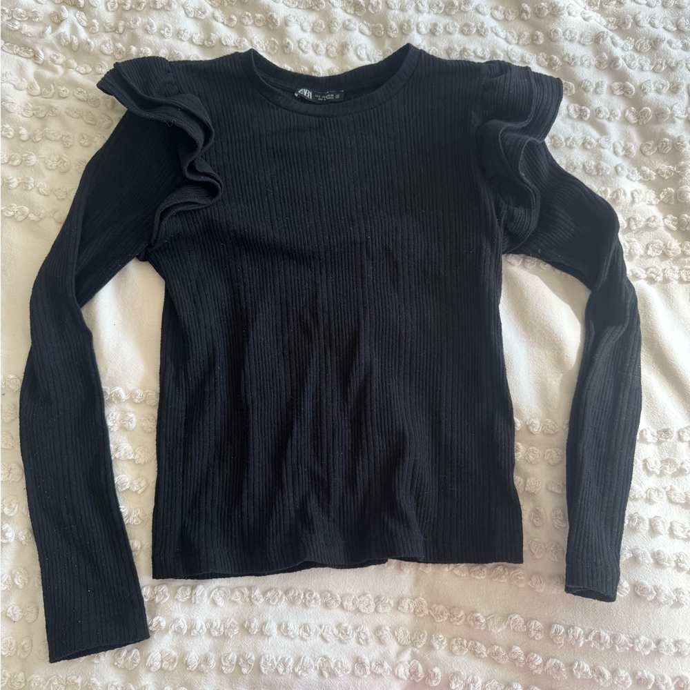 Zara Black Ruffled Long Sleeve Top